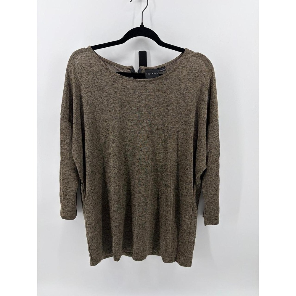 Tribal Brown 3/4-Sleeve Oversized Knit Top W/Scoop Neckline, Back Zipper, Sz M